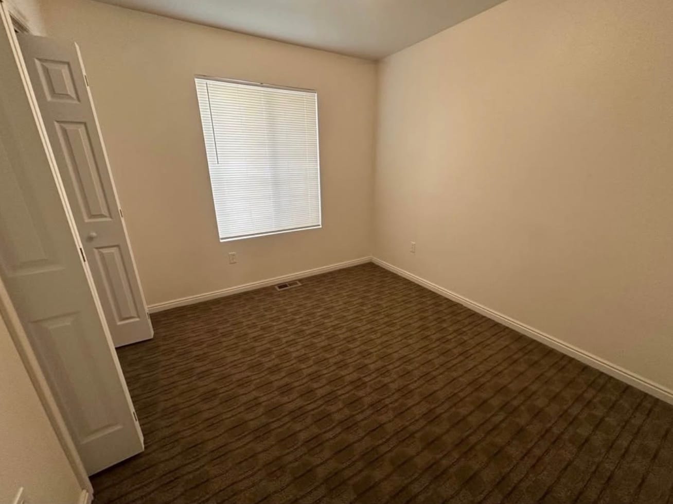 A carpeted bedroom with one window and a double closet