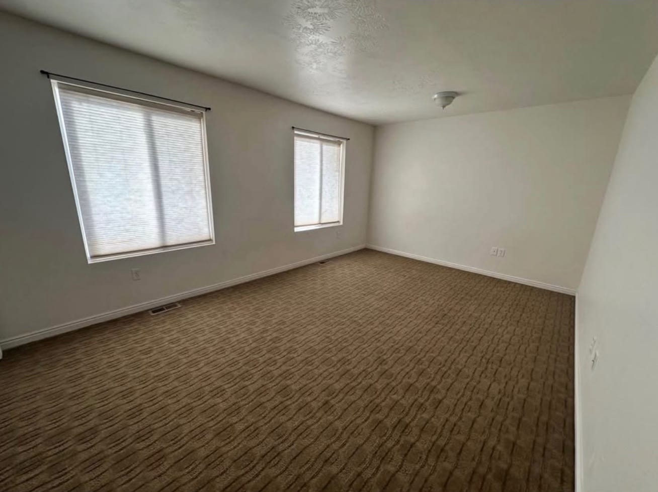 A carpeted bedroom with two windows fitted with cellular shades